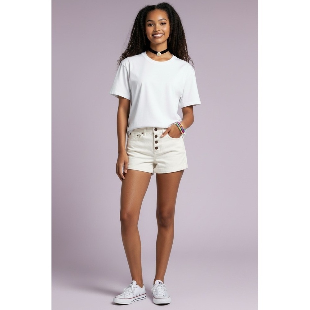 Roxy Denim Shorts Womens Size 26 White High Rise Mom Button Fly Cuffed Hem Jean